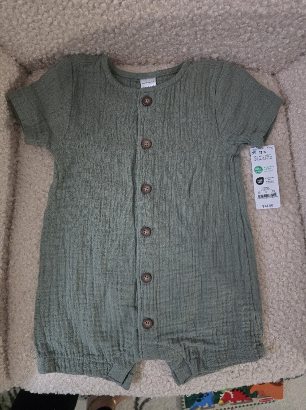 Carter's Sage Green Muslin Button-Front Romper